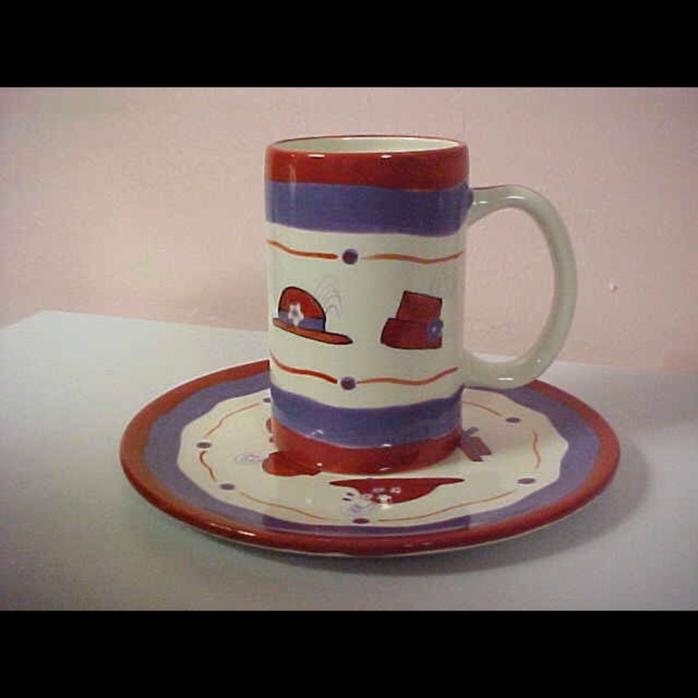 Coffee cup mug saucer red hat purple set